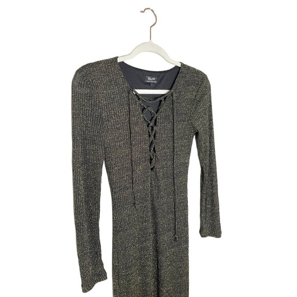 Bardot Romeo Lace Up Dress Size Small Black Gold Metallic Midi Long Sleeve - Picture 4 of 9